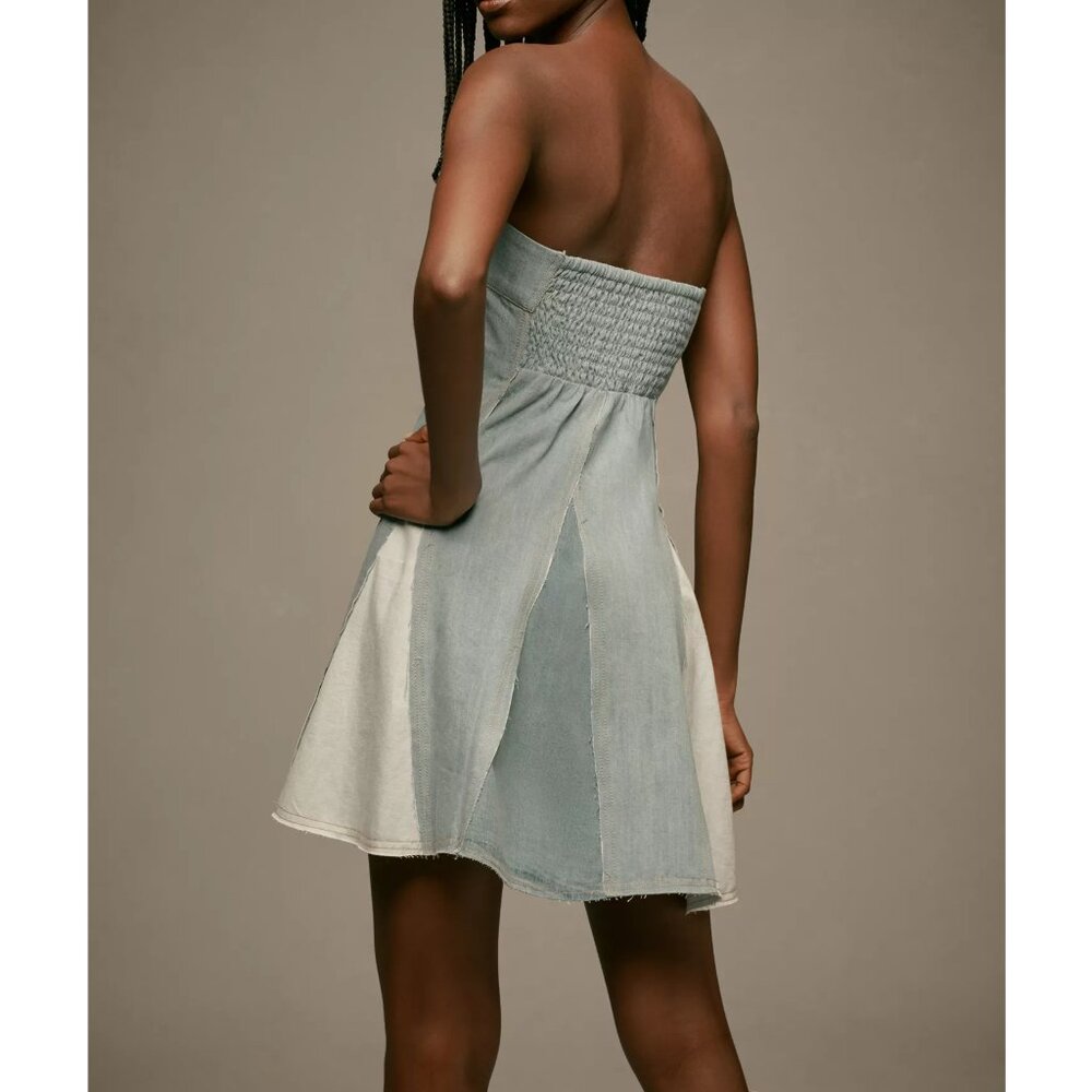 Anthropologie Pilcro Strapless Seamed Denim Mini Dress Light Blue Medium - Picture 3 of 10